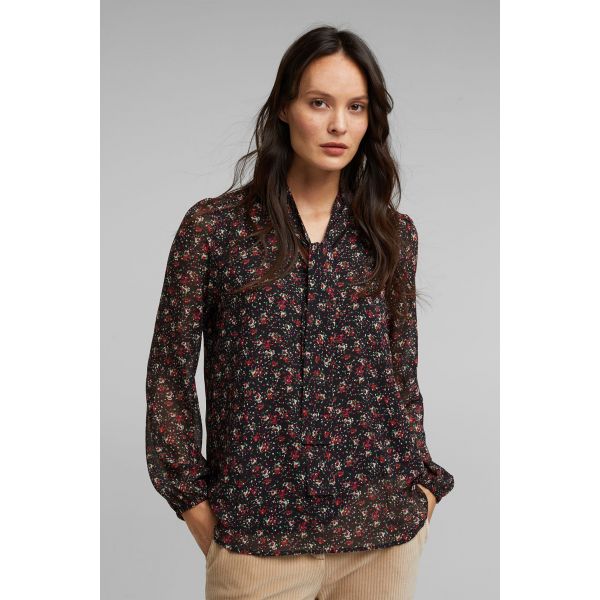 Esprit blouse met strik zwart 110EE1F312 E003