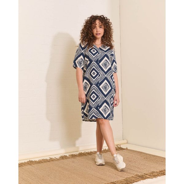 FOS Amsterdam linnen print jurk square navy 7375